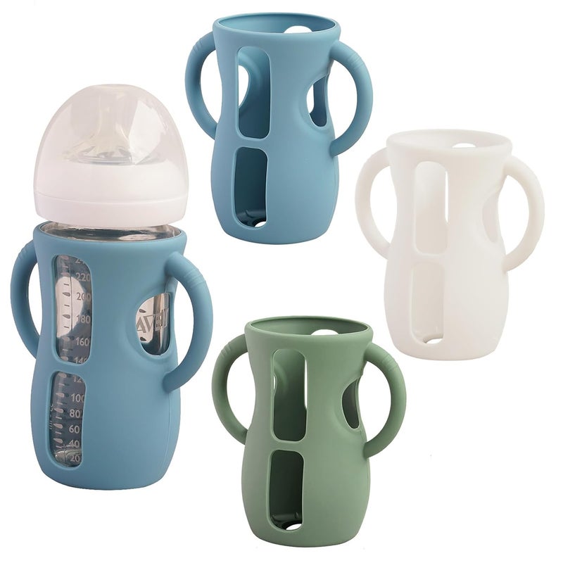 Kingwi 3 Pack Silicone Sleeves for Avent Natural Glass Baby Bottles, Anti Breakage Baby Bottle Holder, Compatible with Philips Avent Glass Natural Baby Bottle (Dark Blue+Dark Green+White, 8 OZ) - Image 1